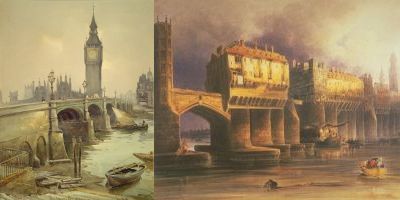 Left: William Alister McDonald - By Westminster Bridge (1908), right: Joseph Josiah Dodd - Old London Bridge (1745)