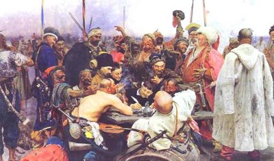 Repin, Zaporozhian Cossacks of Ukraine Writing a Letter in Reply to the Sultan of Turkey, St. Petersburg, Russian Museum