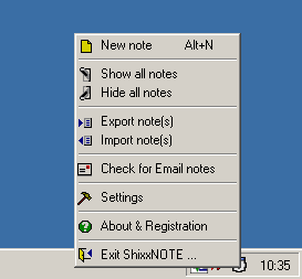 ShixxNOTE main menu (right mouse click on tray icon)