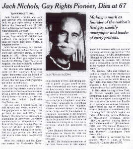 Photo of Jack Nichols' New York Times obituary, 'Jack Nichols, Gay Rights Pioneer, Dies at 67,' May 4, 2005, p. C16