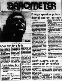 Oct. 20, 1976 front page of OSU Barometer with headline 'Black cultural center victimized by vandals'