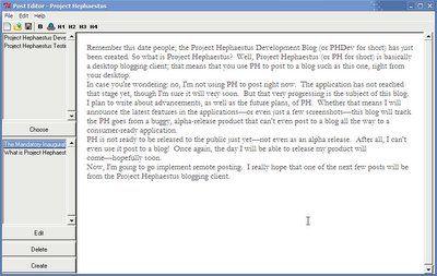 The interface has not changed much from, except for the blog management pane on the left.  This part of the window allows you to see your blogs, and your posts for each blog.  In the text window, I'm actually editing one of my previous posts!