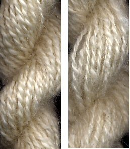 Worsted Leicester Longwool yarn on the left, woolen spun on the right.