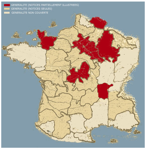 diagrammatic map of France showing illustrated areas of L'Atlas de Trudaine