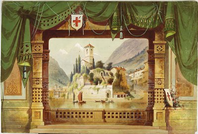 Drop curtain. Swagged draperies with central landscape. Titled, 'Belagona Castle, Switzerland'