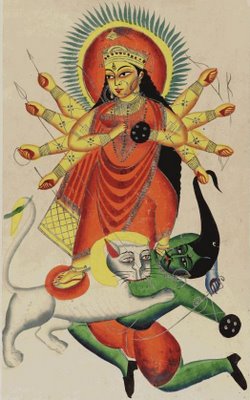 Durga riding a lion killing Mahishasura