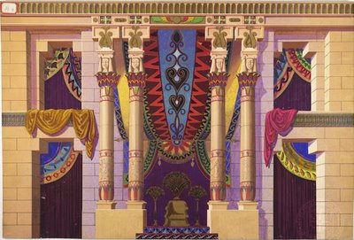 Egyptian backdrop with hanging tapestries and a central throne.