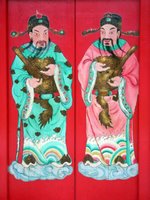 Chinese painted figures on door, Georgetown, Penang, Malaysia