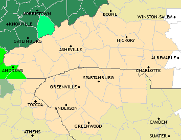 National Weather Service Map of WNC showing Flood Watches and Warnings for Eastern Tennessee.