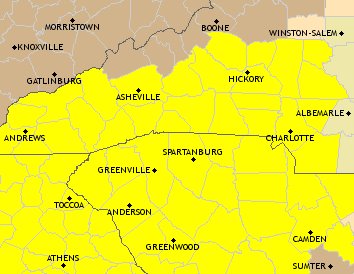Counties in yellow are under a Tornado Watch