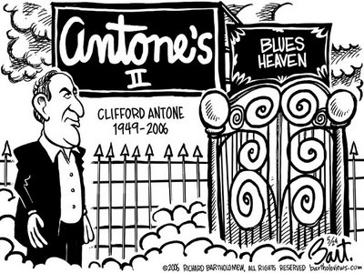 Title: Clifford Antone; Text: (Antone at the pearly gate with new signage reading:) Antone's II (and) Blues Heaven