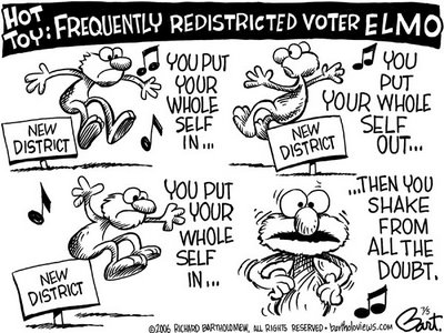Title: Frequent Redistricting; Text: (Four panels showing muppet Elmo jumping over sign that says 'New Distric' to the tune 'Hokey Pokey' under heading that says 'Hot Toy: Frequently Redistricted Voter Elmo) You put your whole self in...You put your whole self out...You put your whole self in...Then you shake from all the doubt.