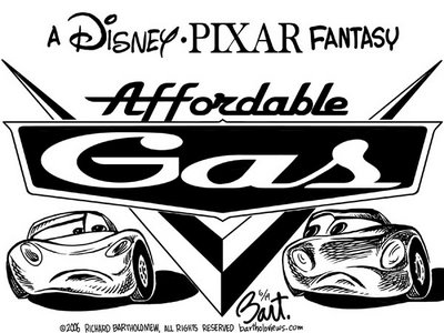 Title: Gas Prices; Text: (two car characters from the movie 'Cars' looking at hood ornament logo that reads:) A Disney-Pixar Fantasy - Affordable Gas