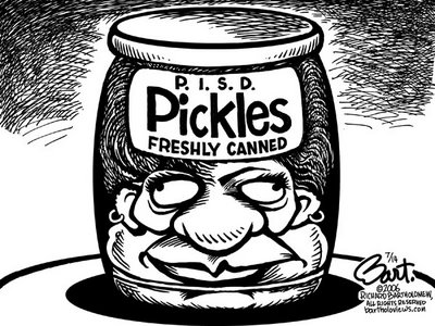 Title: Patricia Pickles; Text: (Patricia Pickles head inside a jar labeled 'P.I.S.D. Pickles Freshly Canned')
