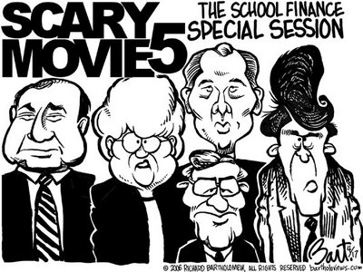 Title: Special Session 2006; Text: (Group picture of John Sharp, Carole Strayhorn, David Dewhurst, Tom Craddick, and Rick Perry under heading:) Scary Movie 5 the School Finance Special Session