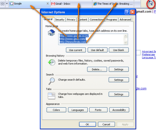 A view of the tabs and the way to set multiple home pages