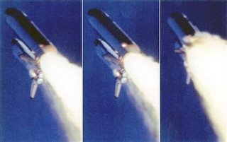 Time lapse photos showing the O-ring failure permitting hot gases to escape and begin the sequential failures that brought down Challenger killing all seven astronauts on board - AFP Getty Images