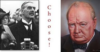 Picture: left: Neville Chamberlain holding the paper; right: portrait of Winston Churchill; middle: "Choose!"