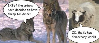 Picture: Two wolves saying, "2/3 of the voters have decided to have sheep for dinner", to a sheep branded "Donner", which replies, "OK, that's how democracy works."
