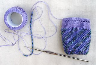crocheted beaded bag in progress by Robin Atkins, bead artist