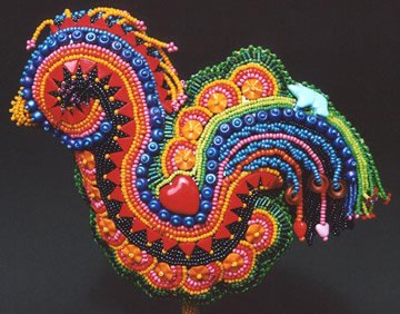 Rosie The Uncaged Hen, bead embroidery by Robin Atkins, bead artist