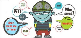 Cranky child with a barrage of speech bubbles saying, No; Whatever, Don't make me scream