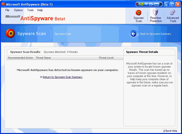 Microsoft Anti-Spyware Screenshot - None found