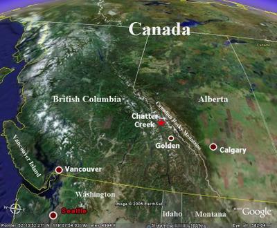 Western Canada and the location of Chatter Creek, just north of Golden BC.