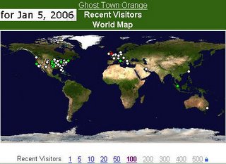 World map showing last 100 visitors to Ghost Town Orange