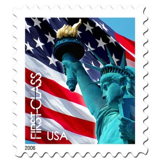 USPS publicity image of the rate change stamp featuring the Statue of Liberty and the American Flag