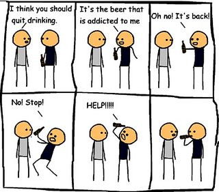 Six panel cartoon of one stick figure drinking beer and the other encouraging him to stop.