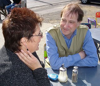 Mark and Marica having a chat while waiting for a coffee at the Chocolate Fish Cafe in Scorching Bay, Wellington