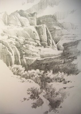travel sketchbook pencil drawing of the Fremont River in Capitol Reef National Park