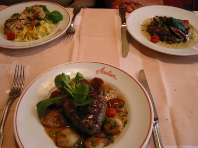 Lunch at Astier, Mains: Chicken Pasta, Magret de Canard, Steak (clockwise from top left)