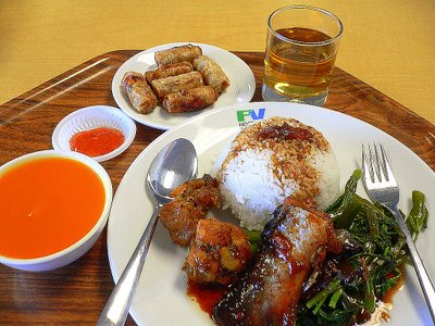 Lunch: Rice, Vegetable, Sweet-&-Sour Fish, Lemongrass Chicken, Ca Gio (Spring Rolls), Carrot Soup