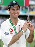 Michael Vaughan holding The Ashes
