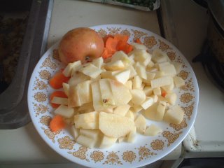 Chopped, carrots, onions, apple, and potatoes (see recipe)