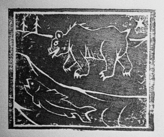 woodcut print, acrylic ink; of salmon and bear