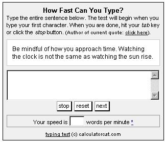 Screenshot of Speed Typing Test from CalculatorCat.com