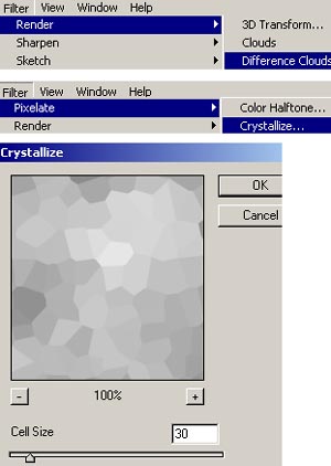 Apply Filters - Render -> Difference Clouds and Pixelate -> Crystallize