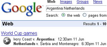 Google football world cup results on homepage