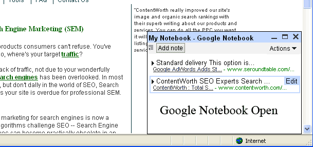 Image of Google Notebook Snapshot Open.