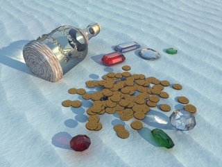 Pirate Booty scattered on a beach rendered in Vue
