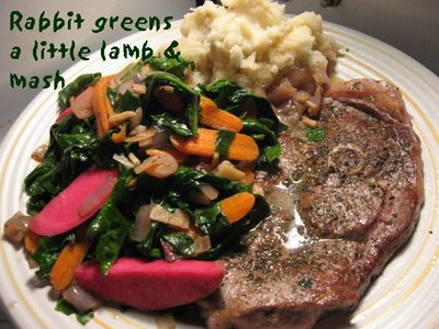 rabbit greens spinach carrots pickled turnip lamb chop mashed potatoes