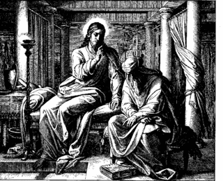 Jesus and Nicodemus - 19th century woodcut illustration by Julius Schnoor von Carolsfeld from Das Buch der Bücher in Bilden