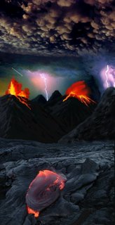 artist's fanciful impression of conditions on Hadean Earth, copyright site author