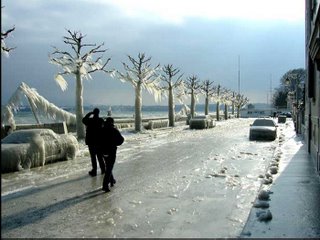 people walking along the icy road