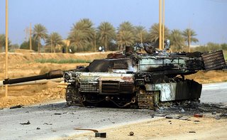 An Abrahms tank destroyed by an IED