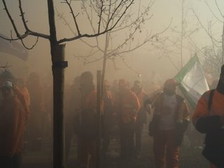 Tear gas and smoke shrouds protestors outside the parliament in Strasbourg