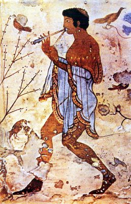 Joven tocando un aulós doble o tibia. Pintura etrusca (c.490 a.C.). Tomba dei Leopardi, Tarquinia